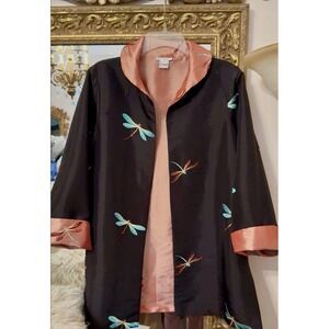 Grace Chuang Jacket Womens Medium Embroidered Dragonfly Open Front Boho Artwear